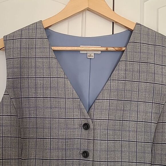 Tahari ASL Satin Back Plaid Vest Gray Blue Size 14 - Picture 3 of 13